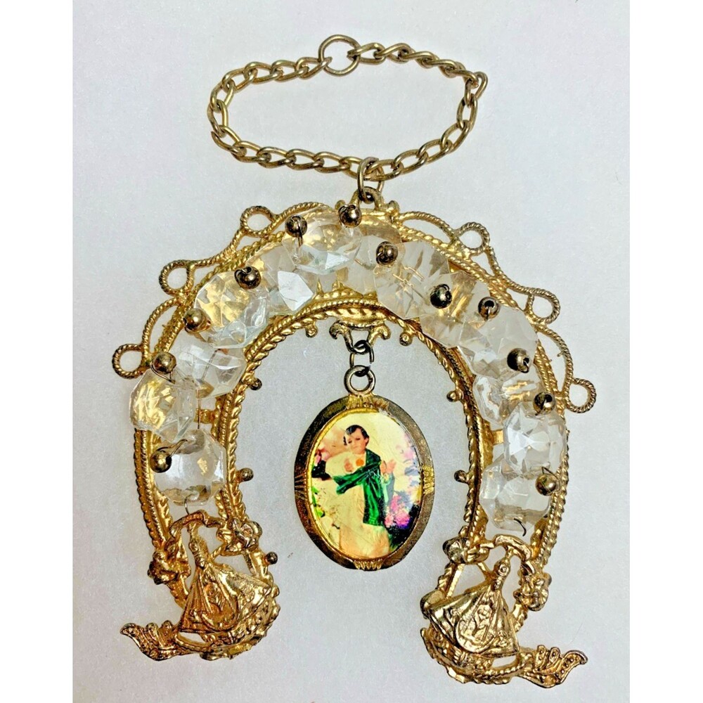 Vintage Religious Devotional Wall Hanging Amulet Crystal Beads Catholic Decor